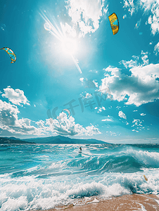阳光灿烂的夏日风筝冲浪者在海浪中冲浪