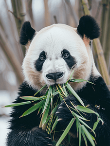 树叶卡通树叶摄影照片_熊猫吃一些美味的竹笋