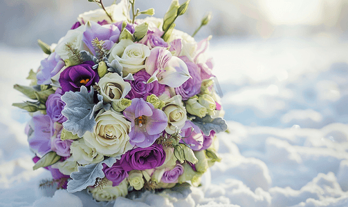 美丽的冬季新娘花束配有兰花和紫罗兰色洋桔梗小苍兰