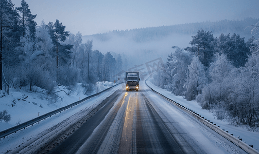 冬天在狭窄的道路上接近卡车