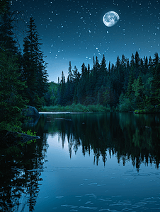 公园树林背景摄影照片_宁静的夜晚在松树林里与河月和星星