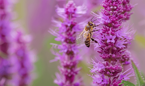 蜜蜂为炽热的星紫色花朵授粉