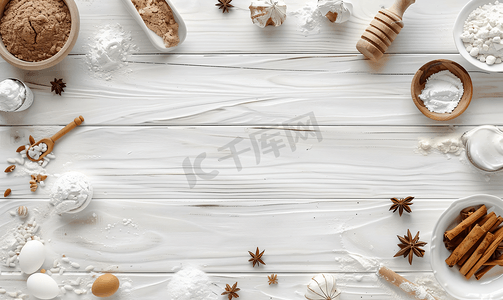 木质背景摄影照片_白色木质背景上的烘焙原料