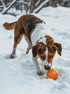棕色和白色的短毛杂种狗正在雪地上玩橙色橡胶球