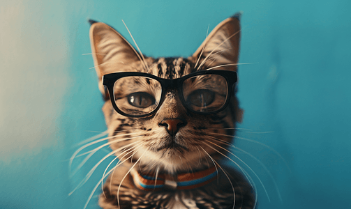 斜条纹底纹摄影照片_戴眼镜的条纹猫
