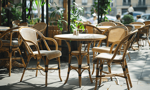 巴黎街道摄影照片_巴黎咖啡馆的藤椅