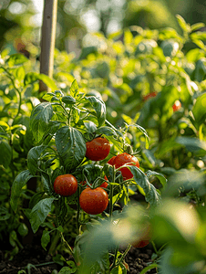 阳光明媚的日子花园里的罗勒香草和番茄灌木