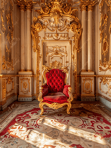 豪华宫殿中的古老王座室内部配有椅子红色和金色的古董巴洛克风格