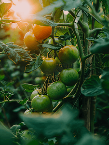 植物番茄摄影照片_花园灌木丛中未成熟的番茄果实