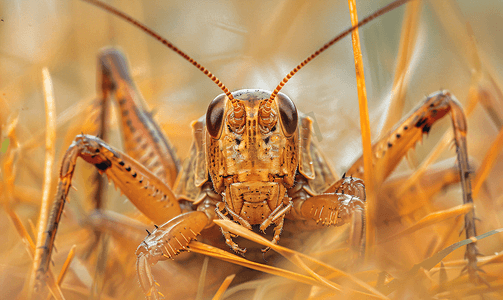 黄牛蟋蟀摄影照片_一只棕色蟋蟀躲在枯草之间的特写镜头