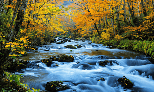 绿色河流风景摄影照片_秋天的溪流和河流
