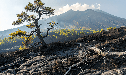 埃特纳火山斜坡上硬化熔岩流中折断的树