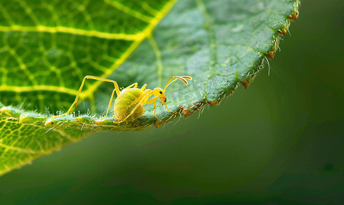 蚂蚁摄影照片_蚂蚁在核桃树叶子上照料一只蚜虫