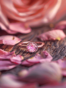 木桌上的珠宝粉色钻戒背景为美丽的玫瑰花瓣