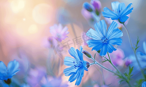 蓝色的花朵摄影照片_鲜艳的花朵菊苣自然