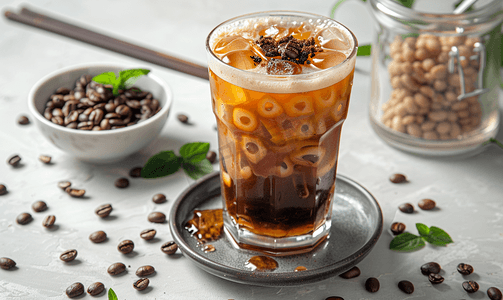 式摄影照片_传统越南泰式冰咖啡与咖啡豆