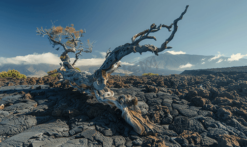 颈动脉硬化示意图摄影照片_埃特纳火山斜坡上硬化熔岩流中折断的树