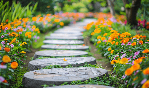 徽派石板路摄影照片_花园里的石板路