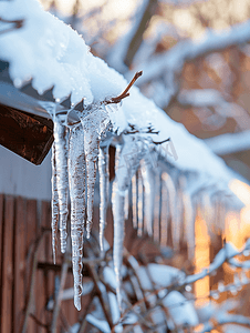 雪屋PNG摄影照片_屋顶上的冰柱和树枝