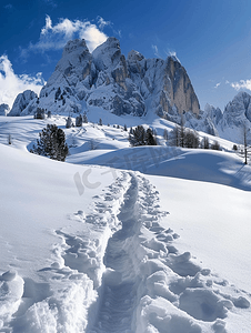 蓝色多图摄影照片_多洛米蒂山雪全景图高山滑雪离坡轨道
