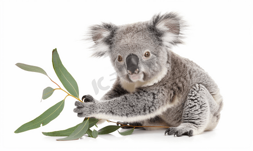 动物的拥抱摄影照片_灰色可爱的年轻考拉抱着橡胶树