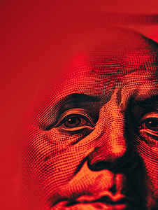 红色背景百元大钞上的肖像从下面窥视