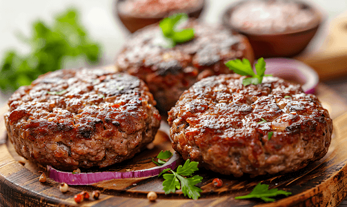 美味的新鲜碎牛肉饼面包屑中加洋葱