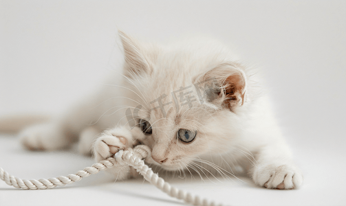 小猫玩耍摄影照片_白色小猫玩绳子