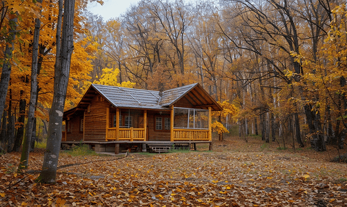 秋季森林里的木制一层房子