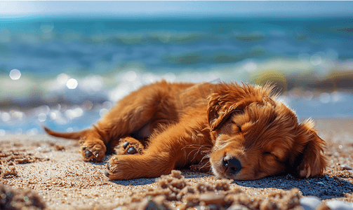 小红帽的故事摄影照片_海滩上睡眼惺忪的小红鸭狗