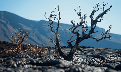 干枯秀发摄影照片_埃特纳火山硬化熔岩流中的干枯树木