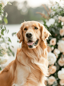 卡通叶子绿色摄影照片_婚礼上的金毛猎犬