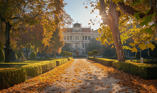 决战拉斯维基加斯摄影照片_秋季透过花园欣赏马桑德拉宫的景色
