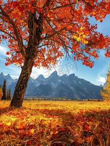 大树叶摄影照片_大提顿山脉的树叶颜色不断变化