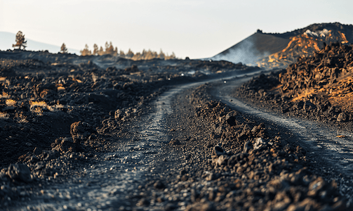 埃特纳火山斜坡道路上的硬化熔岩流