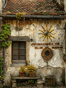 带太阳钟的中世纪房屋墙壁