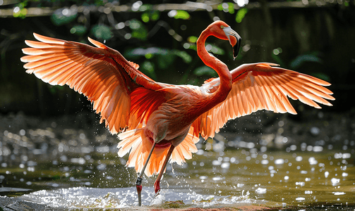 西双版纳森林公园摄影照片_华丽的加勒比火烈鸟平衡
