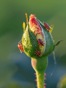 自然界玫瑰花蕾上的蚜虫特写垂直视图
