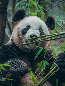卡通熊猫吃摄影照片_大熊猫嘴里伸出的竹子