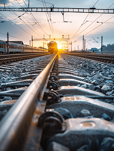 铁胆火车侠摄影照片_火车站附近的铁轨和行驶的火车垂直视图