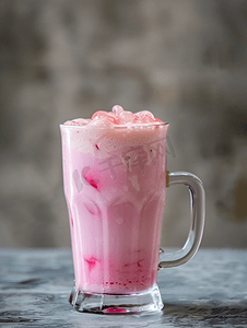 灰色背景泰国牛奶透明玻璃中的冷粉色牛奶冷饮