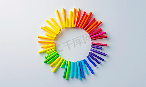 防水雨伞摄影照片_一圈彩色棒以太阳的形式呈现彩虹色