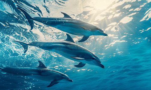 海豚家族在深蓝色的大海中跳跃