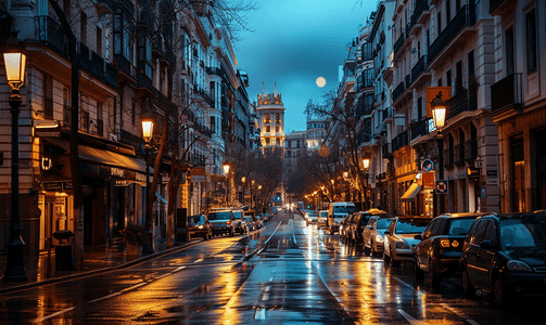 西班牙马德里的夜晚街道