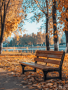秋天的田园风光孤独的公园长椅等待着游客