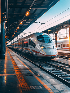 红色渐变丝带摄影照片_火车站的欧洲高速列车