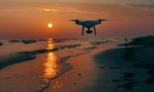夏日午后专业无人机剪影在海滩附近飞行