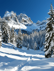 多洛米蒂山雪全景图高山滑雪离坡轨道