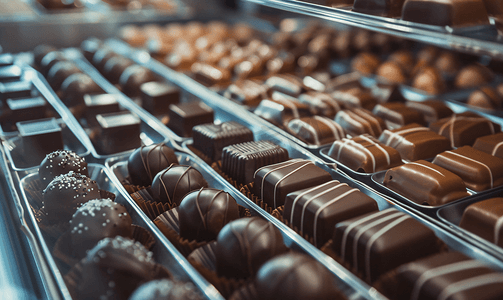 情人节美食摄影照片_商店橱窗里直线排列的比利时黑巧克力糖果特写