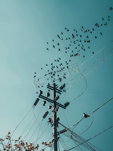 群鸟摄影照片_一群鸟在电线电缆上飞翔水平观察